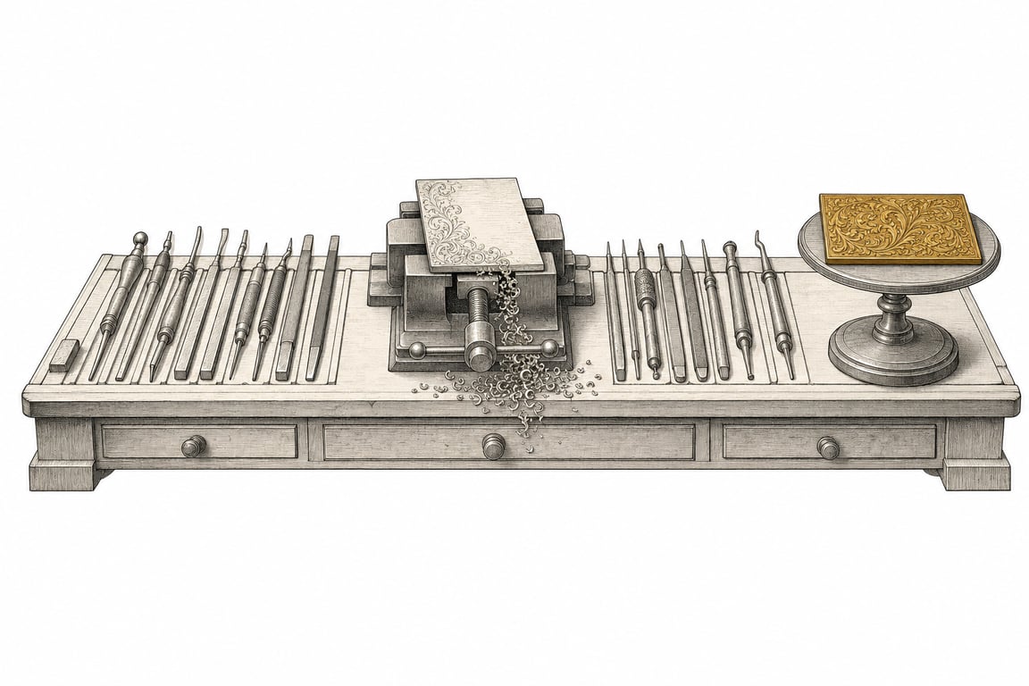 Illustration: an atelier workbench with tools laid out in order, a plate being worked in a bench vise, and one finished gold plate resting on a stand — learning by making something you can use.