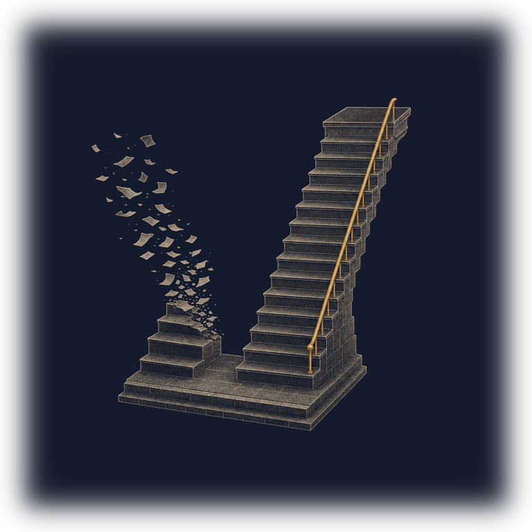 Illustration: two stair flights rising from one landing — the left one coming apart into loose leaves after three steps, the right climbing evenly to a platform along a single gold handrail — the gap that opens between waiting and learning.