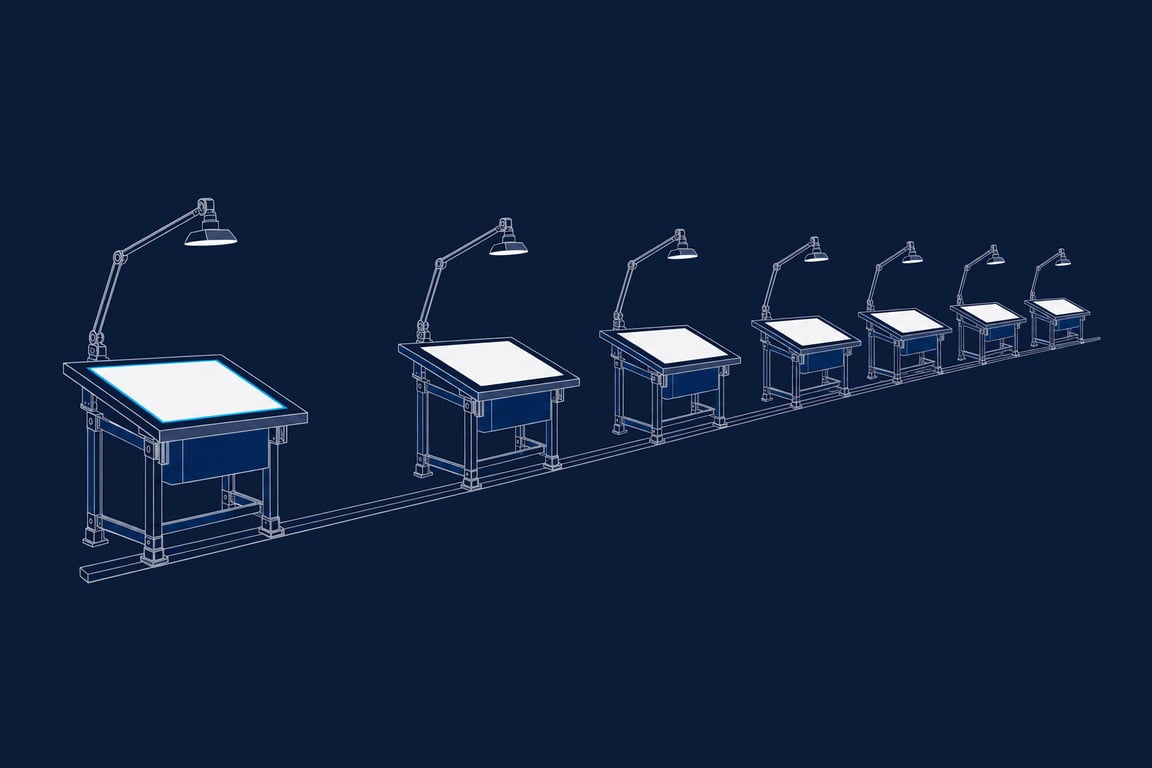 One fully lit drafting bench in the foreground holds a single cyan-edged sheet, and behind it a receding row of identical benches, each with the same lamp and the same sheet, all squared to one long rail.