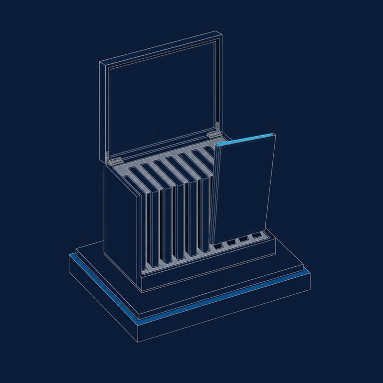 A fitted case standing open on a plinth, holding a row of identical slim bound folios in fitted slots, with one folio drawn proud of the row and edged in cyan.