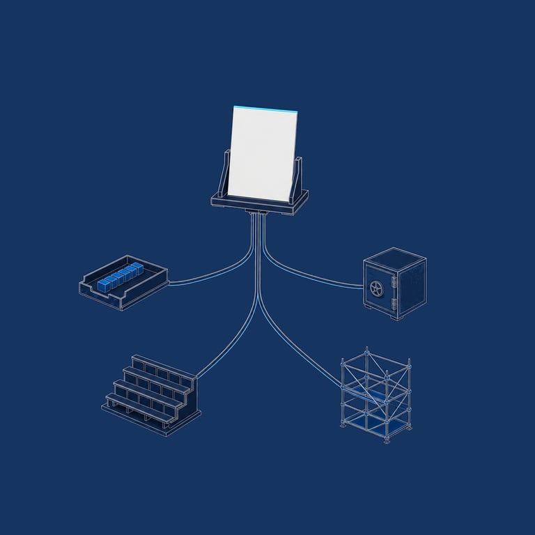 One finished blueprint sheet raised on a cradle with a cyan-lit top edge, with four slender conduits running out from beneath it to four different fixtures — a tray of ordered blocks, a sealed strongbox, a tiered teaching bench, and an open scaffold frame.