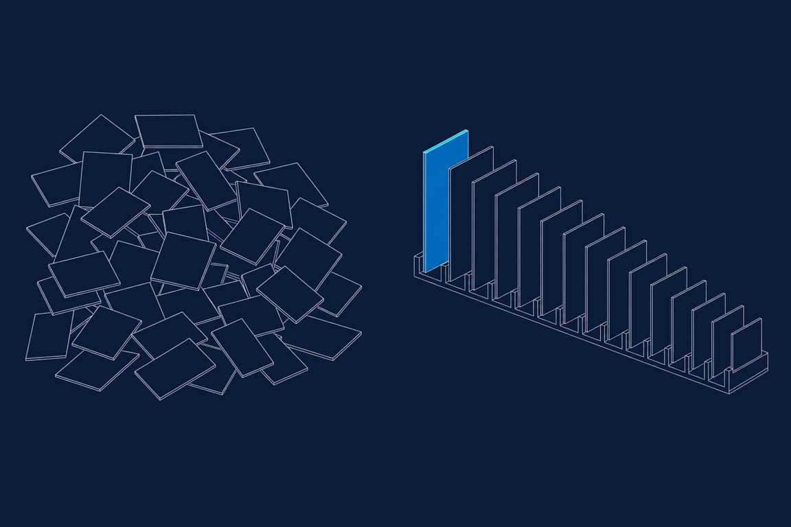 On the left, identical proposal sheets lie heaped at every angle with nothing aligned; on the right, the same sheets stand seated in a rack that steps down from tall to short along one rail, the leading sheet filled and cyan-edged.