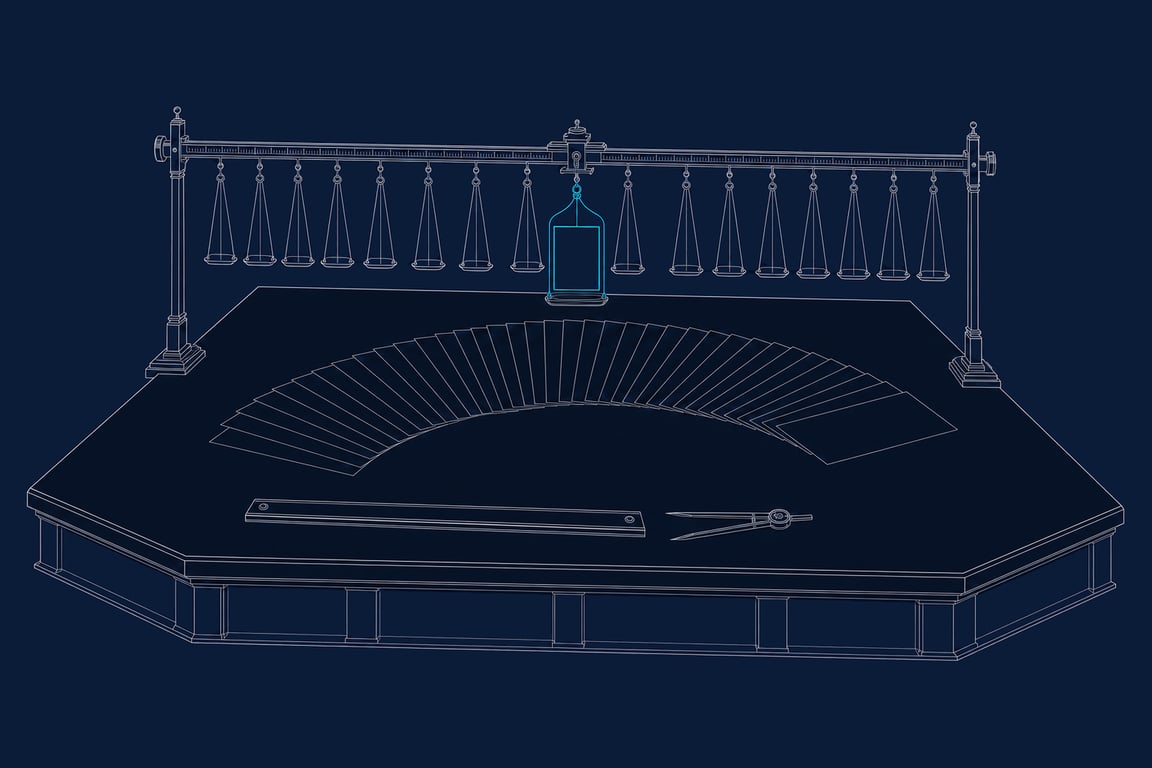 A master drafting table on which many identical initiative sheets lie fanned out and unweighed, while one long precision balance beam spanning the whole table holds a single sheet level in a cyan-lit cradle — one instrument applied to every initiative on the same terms.