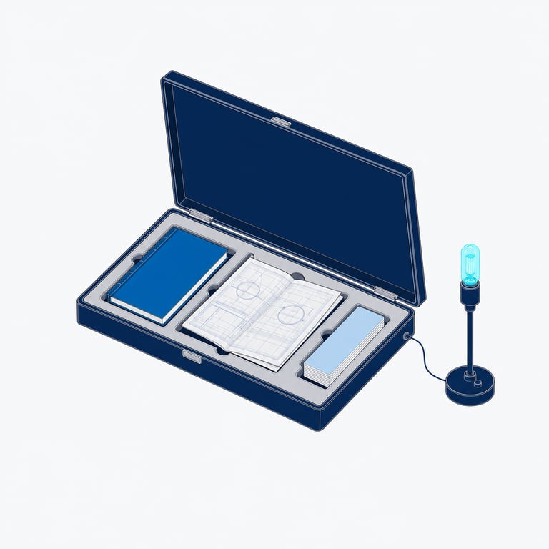 An open instrument case with three artifacts seated in fitted slots &mdash; a bound volume, an opened drafting sheet and a short stack of cards &mdash; and, just outside it, a small lit lamp still joined to the case by a fine line: the things a leadership team carries out of the room, plus the line that stays open afterwards.