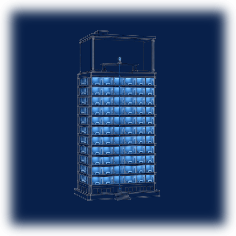 A tall building drawn in cross-section: floor after floor of workspaces already lit, and above them a single unlit top floor holding one long table and one lamp whose filament has only just begun to glow &mdash; adoption is everywhere below, while the leadership floor is the one still coming up to light.