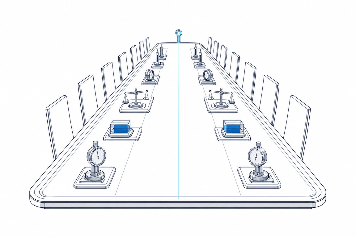 An executive briefing table laid not with papers but with precision instruments &mdash; a dial, a balance, a lens, a faceted block &mdash; one at every empty seat, with a single lit line running down the centreline to the head of the table: the working day this page describes, where a leadership team calibrates its AI judgment together.