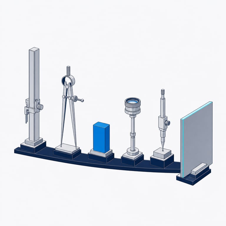 Six precision instruments of different shapes standing side by side on one shared rail, every one drawn with the same care and weight, with a broad flat calibration plate stepped forward at the end &mdash; excellent programs of genuinely different shapes, and a one-day calibration format alongside them.