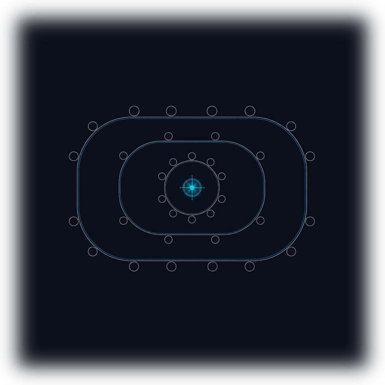 Three briefing tables seen from above and nested one inside the next &mdash; a small round table, a larger oval and a long committee table, each ringed with empty seats &mdash; all sharing exactly the same single lit instrument at their centre: the room changes size, the working session at its heart does not.