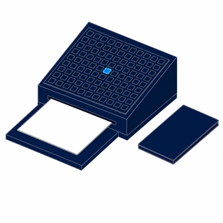 A console whose face is a grid of identical blank keys: one key is pressed and lit, a finished sheet slides out of the slot beneath it, and the blank writing tablet beside the console lies closed and unused &mdash; the work is a button, not a prompt.