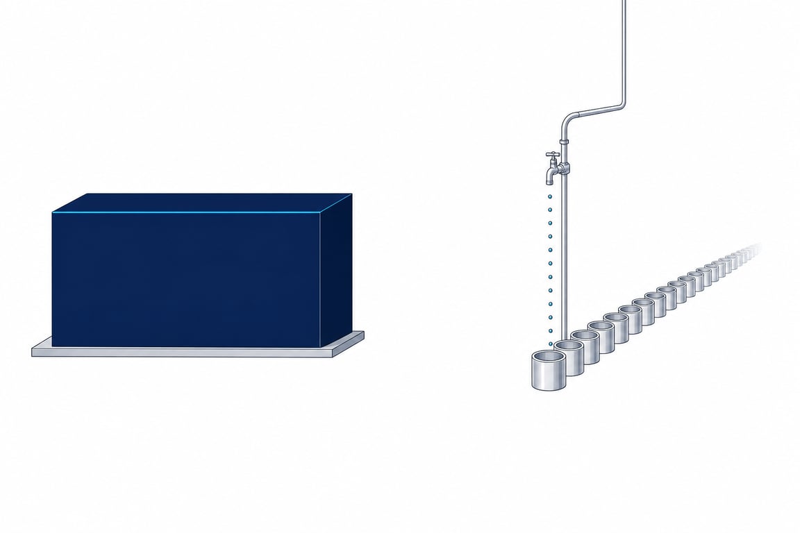 Two halves of one drawing: on the left a single solid block resting complete on its plinth, finished and fed by nothing; on the right a tap dripping steadily into a long receding row of separate cups, its supply line running away out of frame.