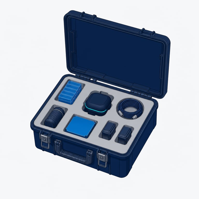 An institutional case lying open, its fitted tray cut with shaped recesses that are every one of them filled &mdash; a sealed module lit by a single cyan seam at the centre, refined blocks, a coiled conduit and further components, nothing left as an empty slot to buy later.