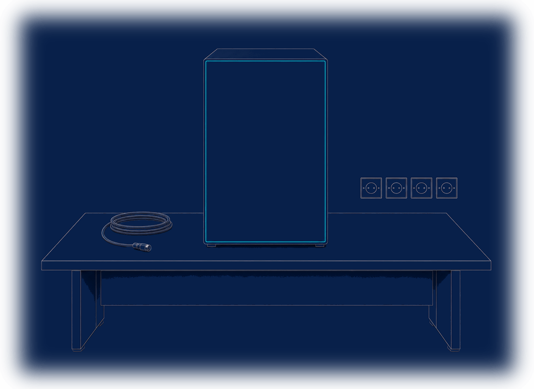 AirgapAI's core idea: a sealed instrument cabinet standing closed on a desk, its unbroken front face lit from within by a single cyan seam, while the wall sockets behind it sit empty and its only cable lies coiled and disconnected on the desk &mdash; everything that makes it work is inside, and it is joined to nothing.