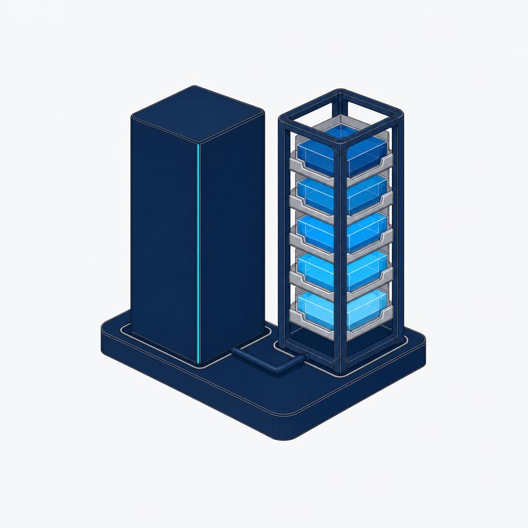 Two components seated in one shared housing: a sealed navy vessel lit by a single cyan seam (the model running on your device) beside an open rack of fitted, refined blocks (Blockify), joined at the base so the pair reads as one instrument.