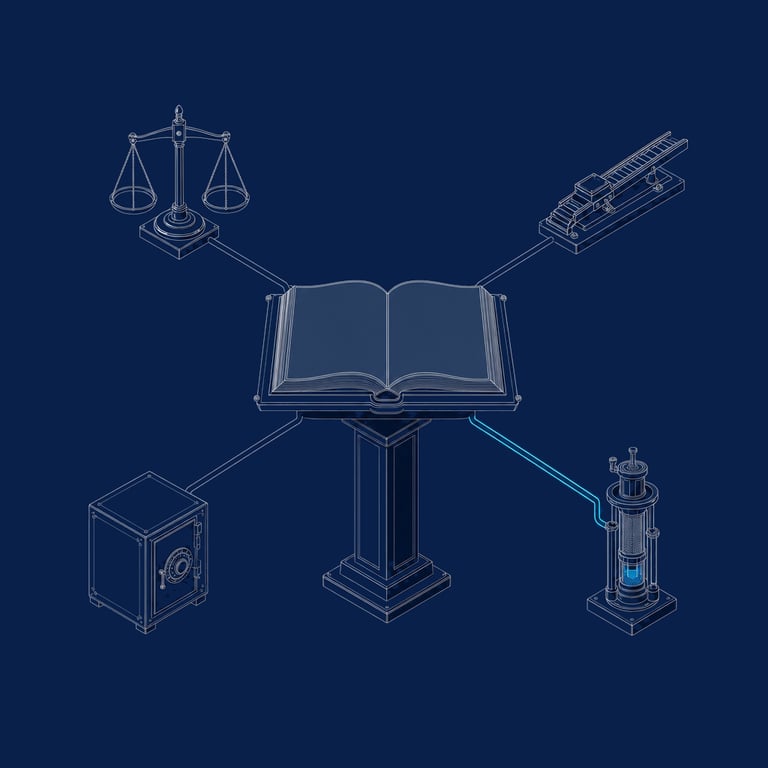 An open, entirely unmarked bound volume resting on a lectern, with four fine conduits leaving it to a balanced scale, a stepped launch rail, a sealed strongbox and a filtration column — one documented methodology feeding strategy, execution, security and data.