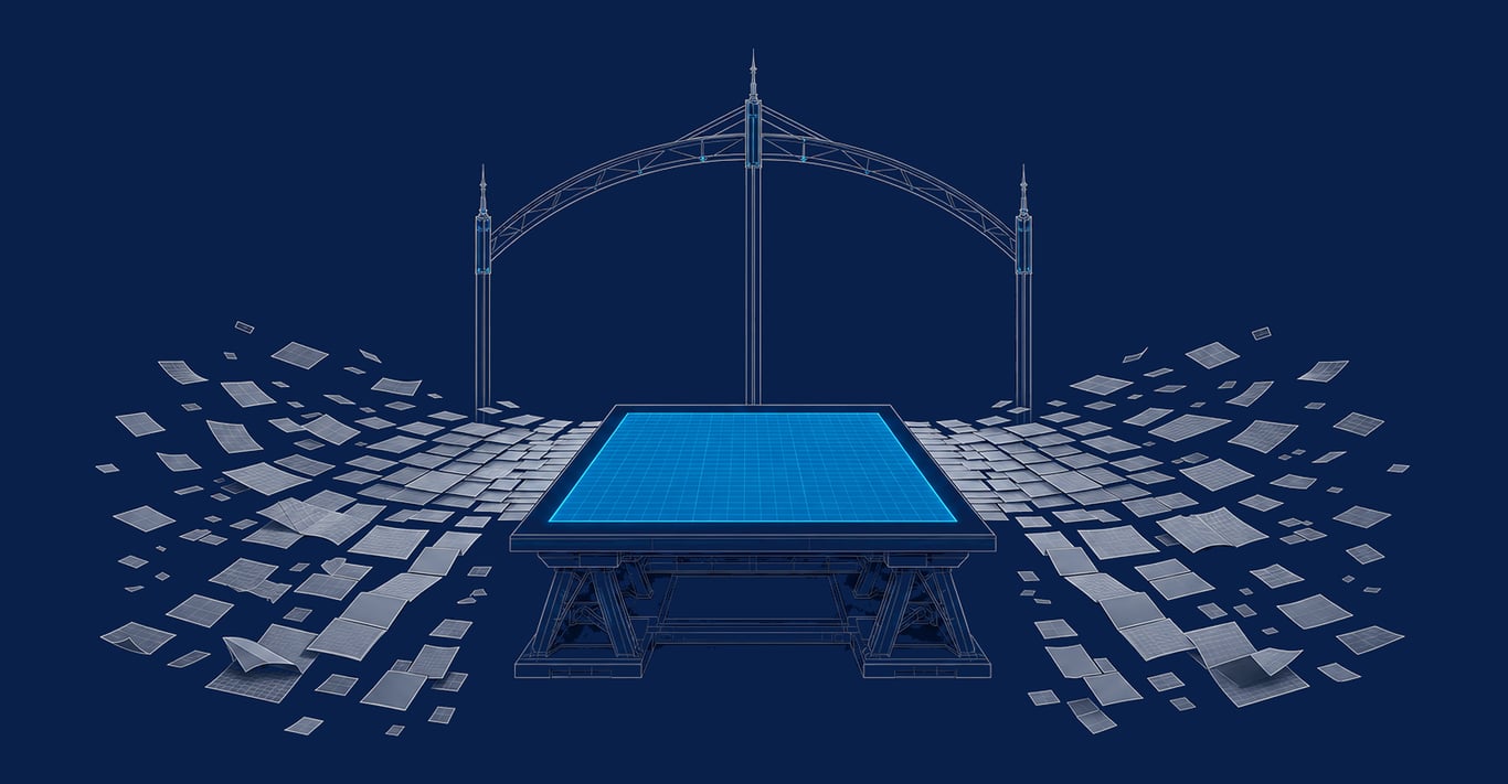 A monumental planning table on which a wide tide of scattered sheets, folded charts and loose fragments converges from both sides and resolves at the centre into a single governed blueprint whose ruled grid is lit from within.