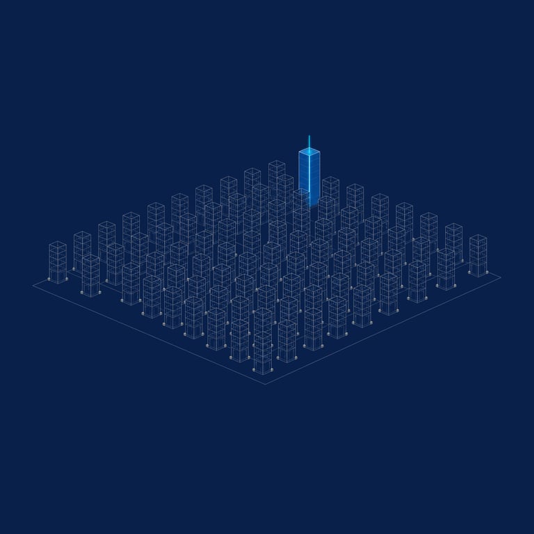 A field of identical empty scaffold frames standing in ordered rows with nothing built inside any of them, and a single completed tower lit from within far behind them — AI initiatives that never leave pilot, and the rare one that reaches production.