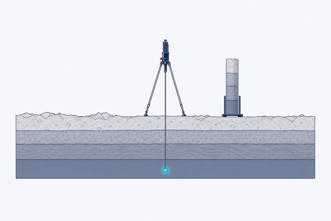 A cut-away section of ground showing four distinct strata of differing density, with a slender sounding instrument on the surface lowering a probe through all four to rest on the lowest solid layer, and an extracted core sample standing upright in a cradle beside it.