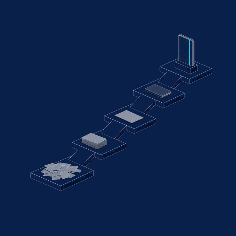 Five ascending landings on which a loose drift of paper is progressively gathered into a stack, pressed into a single sheet, bound into a folio and finally stood upright clasped by a lit band — scattered inputs refined stage by stage into one finished plan.