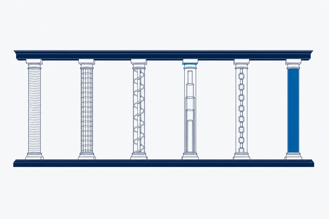 A colonnade of six columns, each built differently inside — stacked courses, a fine lattice, a spiral core, a nested tube, a chain of linked cells and one solid shaft — all standing on a single plinth and carrying one continuous, unbroken lintel at exactly the same height.