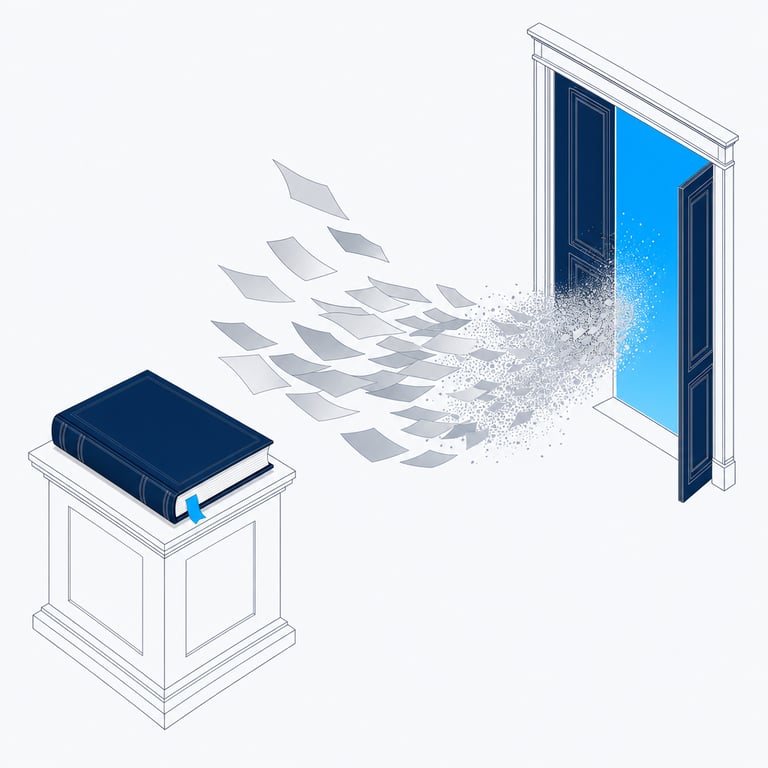 Loose pages streaming out through an open doorway and dissolving, while one bound volume stays intact on a pedestal &mdash; know-how leaves with people unless it is captured in the library first.