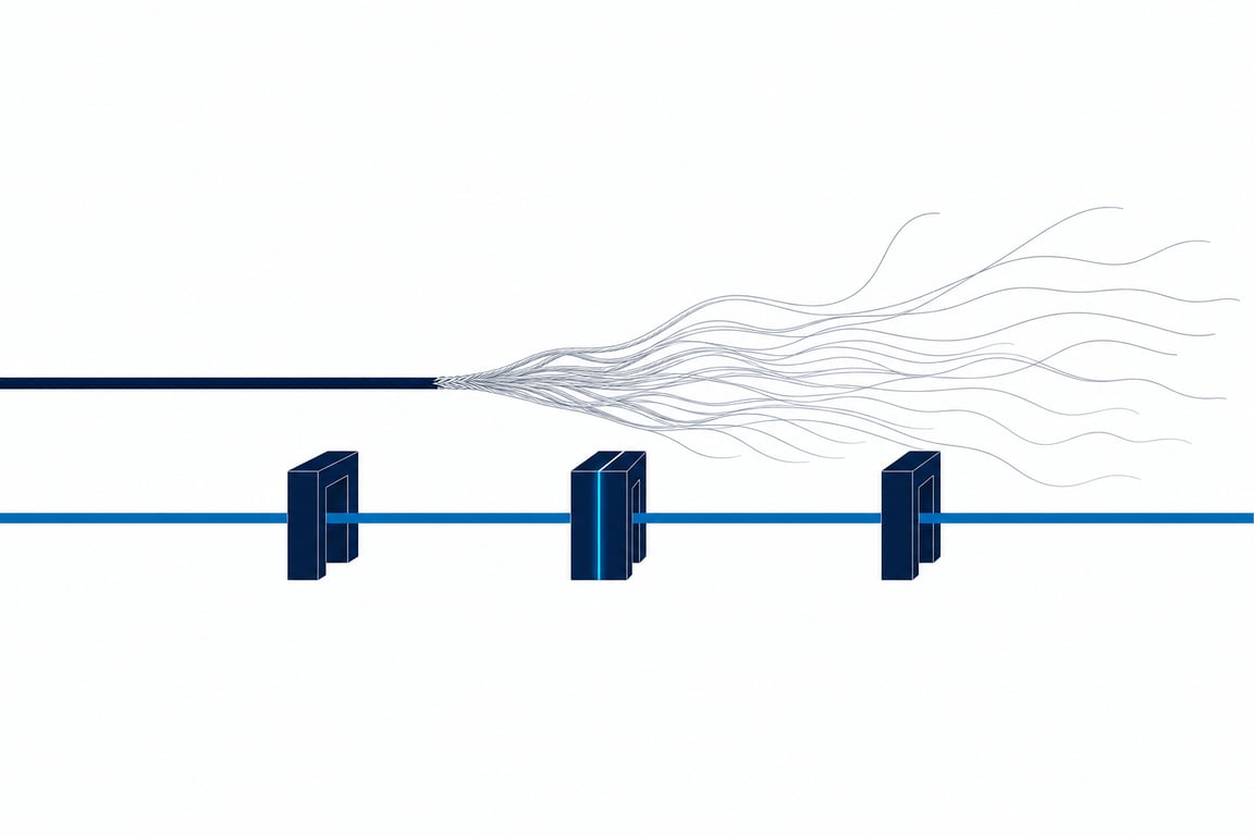 Illustrative figure: one navy cord frays into many diverging silver threads, while beneath it a single blue line runs straight through three gates unchanged &mdash; a procedure retaught separately drifts apart, a governed playbook holds its line.
