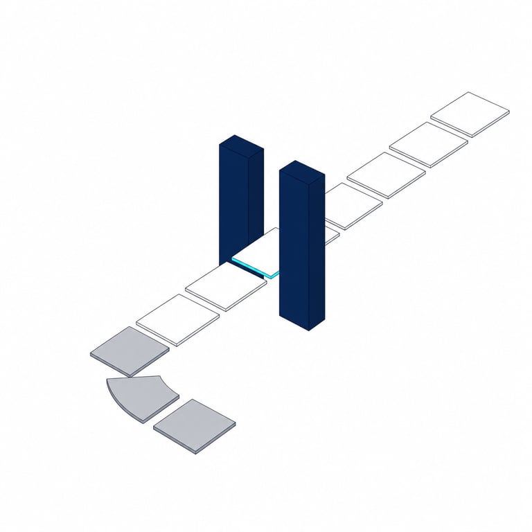 A path of blank white sheets passing through a narrow gate of two navy pylons while a grey branch turns back &mdash; approved content passes the review gate, rejected proposals return with a reason.