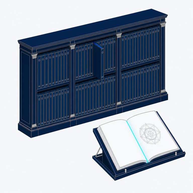 A standards-archive shelf of identical bound volumes with one drawn out and lying open under a lit seal &mdash; the company&rsquo;s know-how kept as one approved master edition.