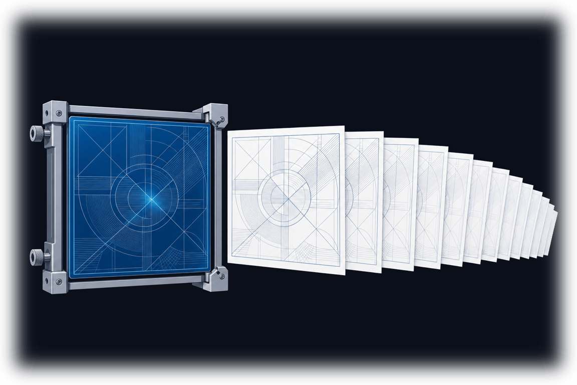 One luminous master plate beside a fan of identical printed pages carrying the same engraved pattern &mdash; one approved playbook reproduced exactly wherever it is used.