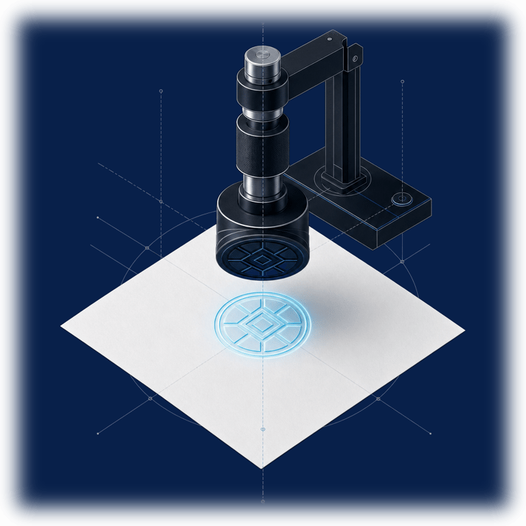 A precision seal press pressing a glowing abstract seal into a single blank page &mdash; every version of a playbook is sealed with its origin and kept on the record.