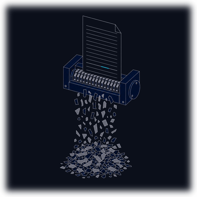 A document fed into a coarse cutter and coming apart into ragged, uneven fragments that fall into an undifferentiated heap, one line severed mid-sentence — fixed-length chunking splitting meaning in half