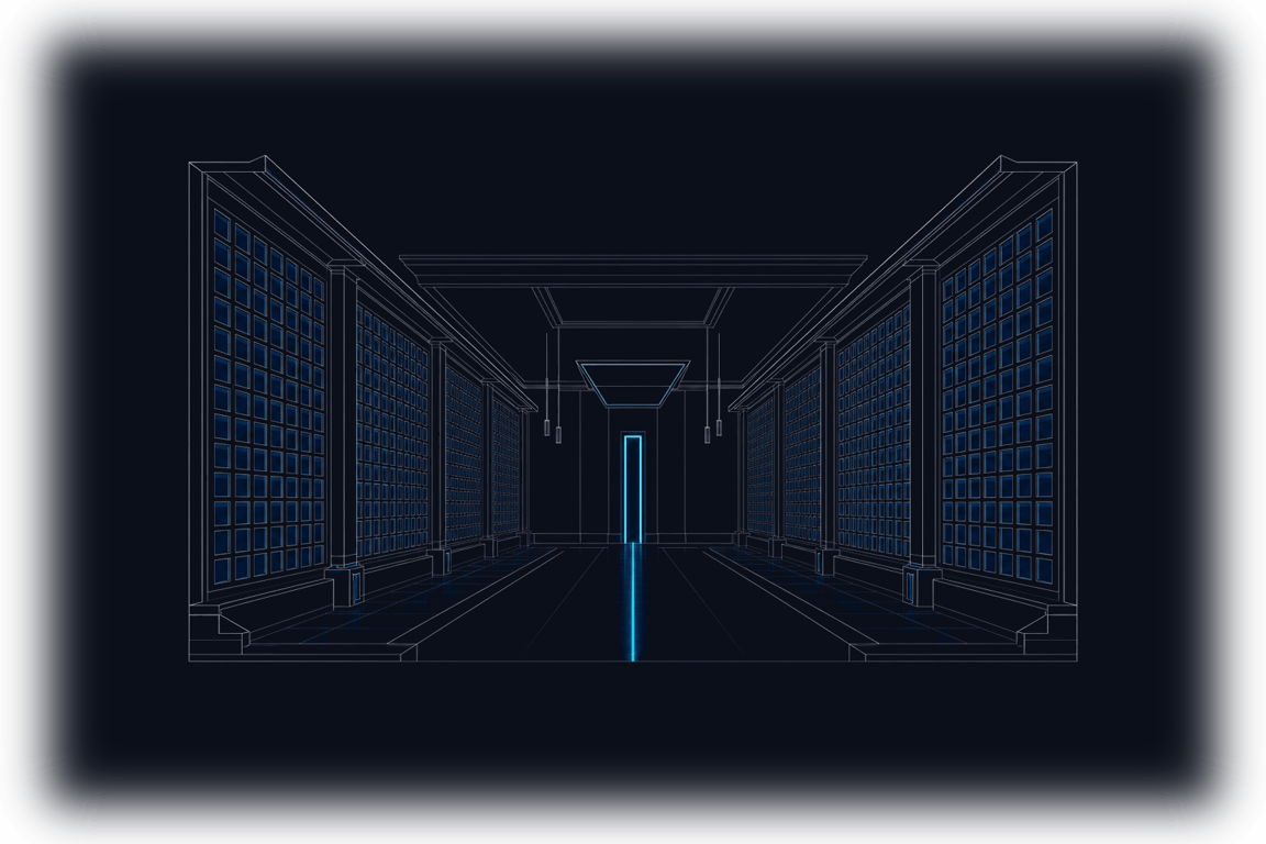A monumental hall whose walls are lattices of lit knowledge blocks, one luminous line running down the floor to a doorway at the far end — an enterprise knowledge layer built to be kept