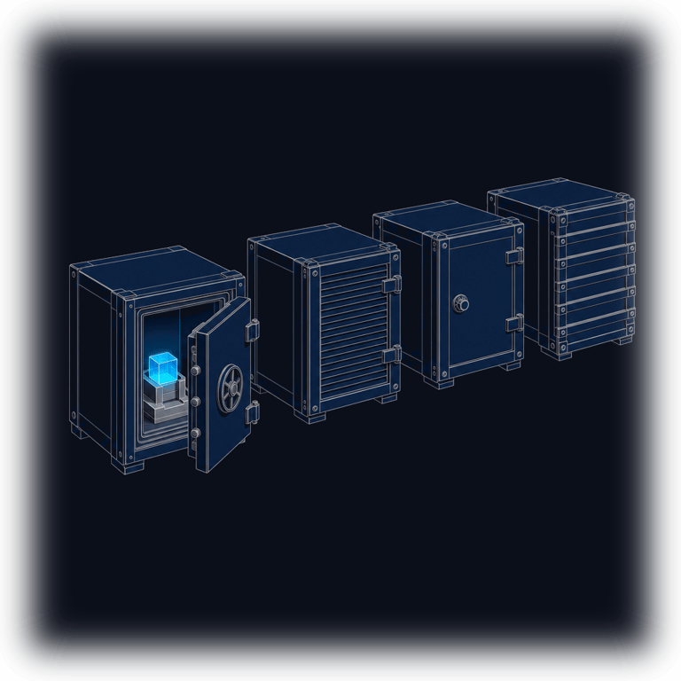 One glowing knowledge block resting inside an open strongbox, with three more strongboxes of different construction standing closed alongside it — the same governed dataset housed inside whichever walls your security posture requires