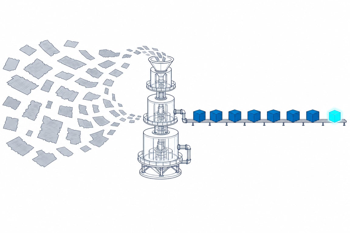 A drift of ragged, mismatched documents funnels into a refining column of three progressively narrower chambers, and an even row of identical blocks leaves the far side along a rail — the same content narrowed by successive passes until what is left is unique, complete and governed.