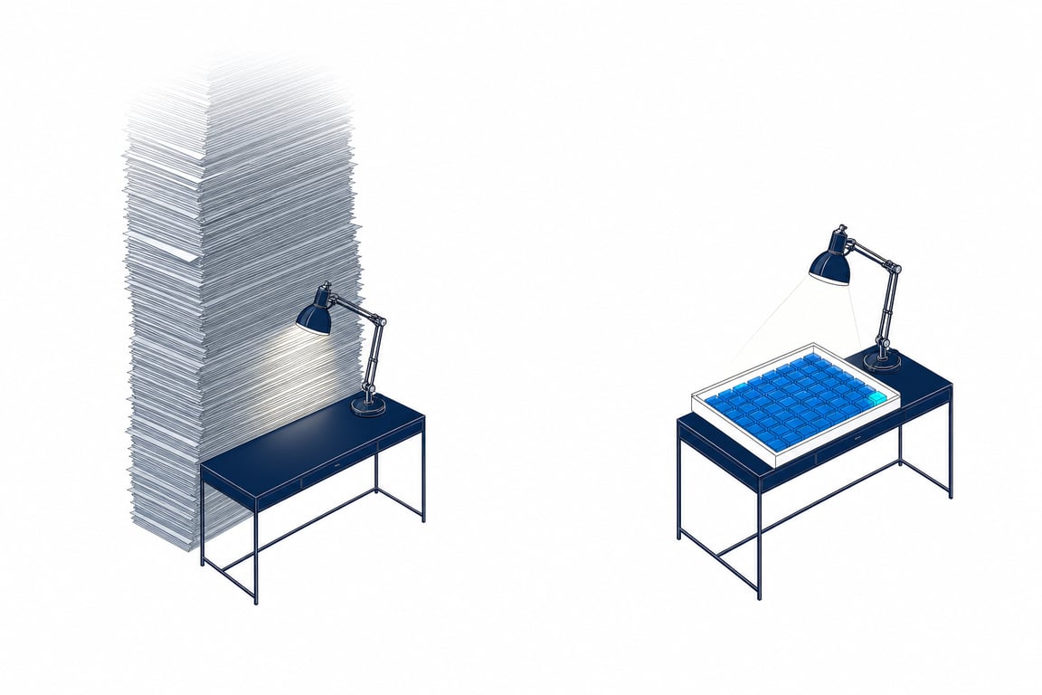 On the left a single desk lamp reaches only the bottom of an immense towering stack of paper; on the right the same lamp fully lights one shallow tray holding a neat grid of blocks — governance only works at a volume a subject matter expert can actually see.