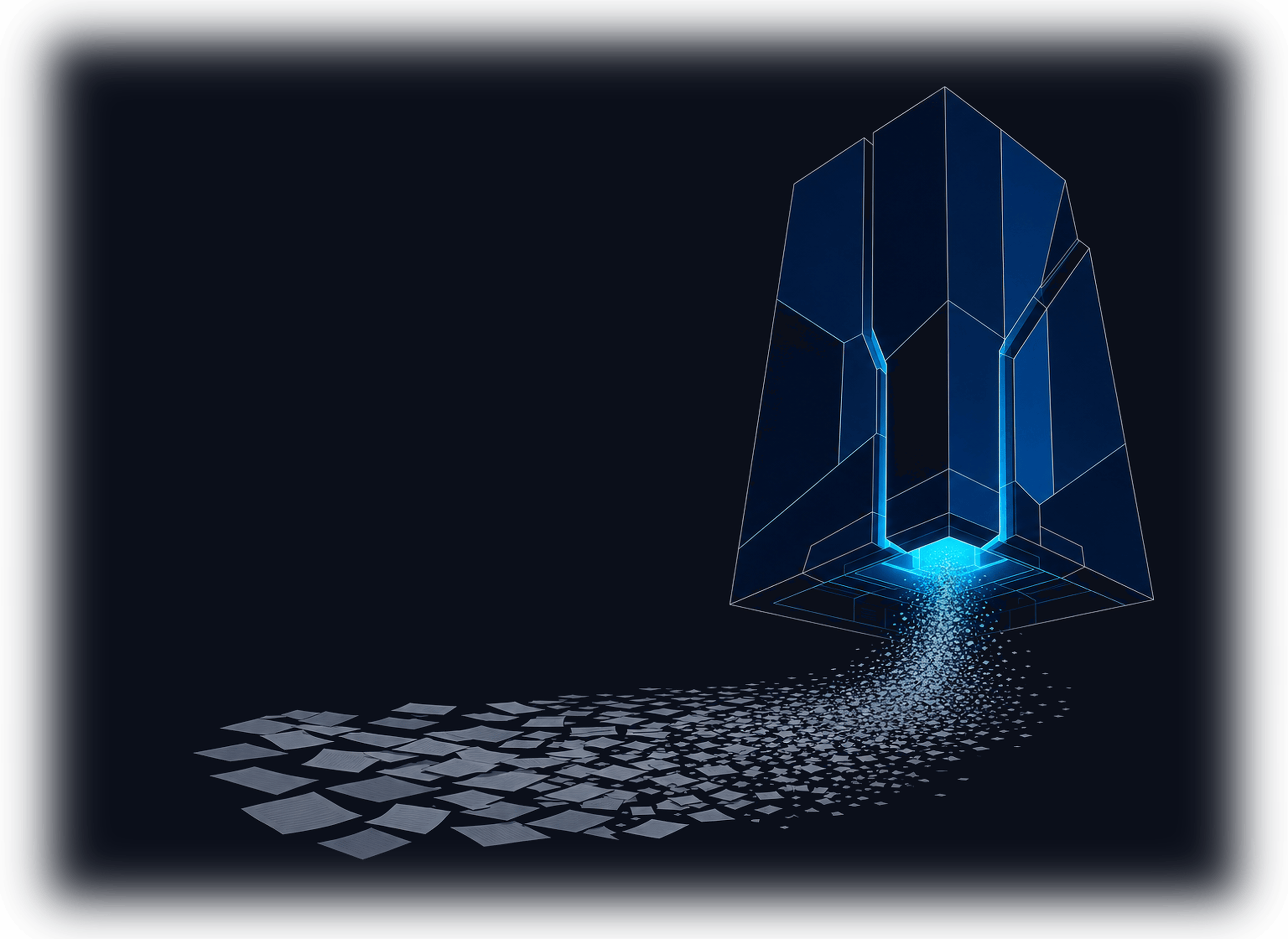 Blockify's core metaphor: one monumental faceted IdeaBlock lit from within by a single cyan core, suspended above a drifting sea of unstructured documents that dissolve into particles and stream upward to feed it.