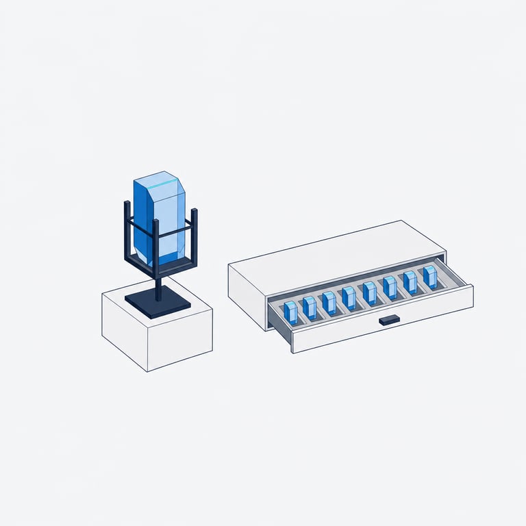 One precisely faceted knowledge block mounted upright like a museum specimen, beside a half-open catalog drawer holding a row of identical blocks in fitted slots — a single curated unit of knowledge, and the governed set it belongs to