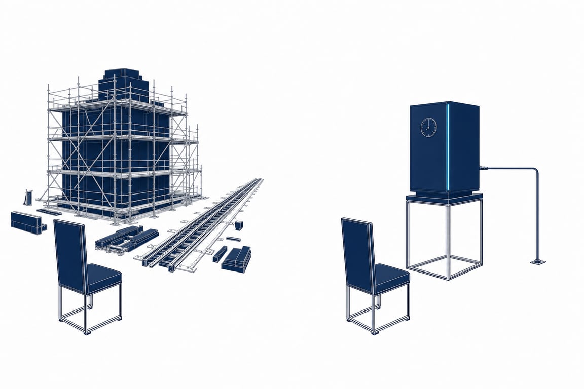 Two ways to install the same AI authority: at left an immense navy plinth still wrapped in scaffolding, its components lying unassembled and a long empty track running beside it, nothing lit or running; at right a compact precision cabinet already installed on its base, connected by a single conduit and lit along one edge in cyan. One identical high-backed chair stands in front of each half — the seat is exactly the same on both sides.