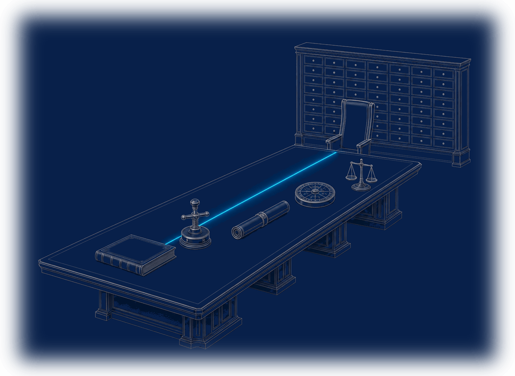 The office of AI accountability drawn as a chart room: a long navy council table laid with the instruments of governance — ledger, seal press, rolled chart, calibrated dial, balance scale — a wall of archive drawers behind it, and one empty high-backed chair at its head, with a single line of cyan light running the length of the table to that seat.