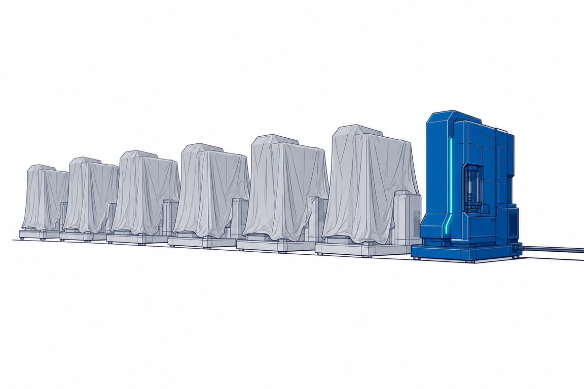 A long hall of half-finished machines under loose silver dust sheets, every one of them inert and unconnected, while a single finished machine at the right stands uncovered, lit along its spine by one cyan line and joined onward by a thin rail leaving the frame.
