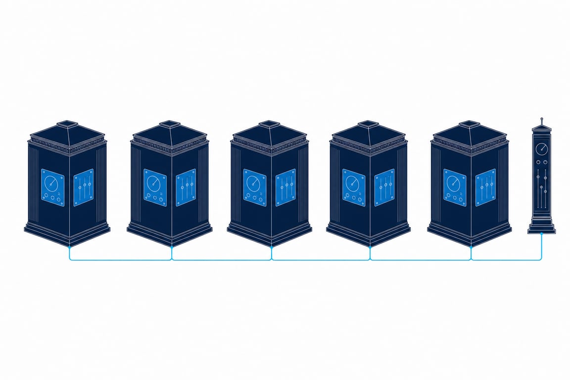 Five identical navy volumes standing evenly spaced, each carrying the same brand-blue instrument panel, joined underneath by one continuous cyan conduit that runs into every base in turn and rises at the right into a single slender governing instrument.