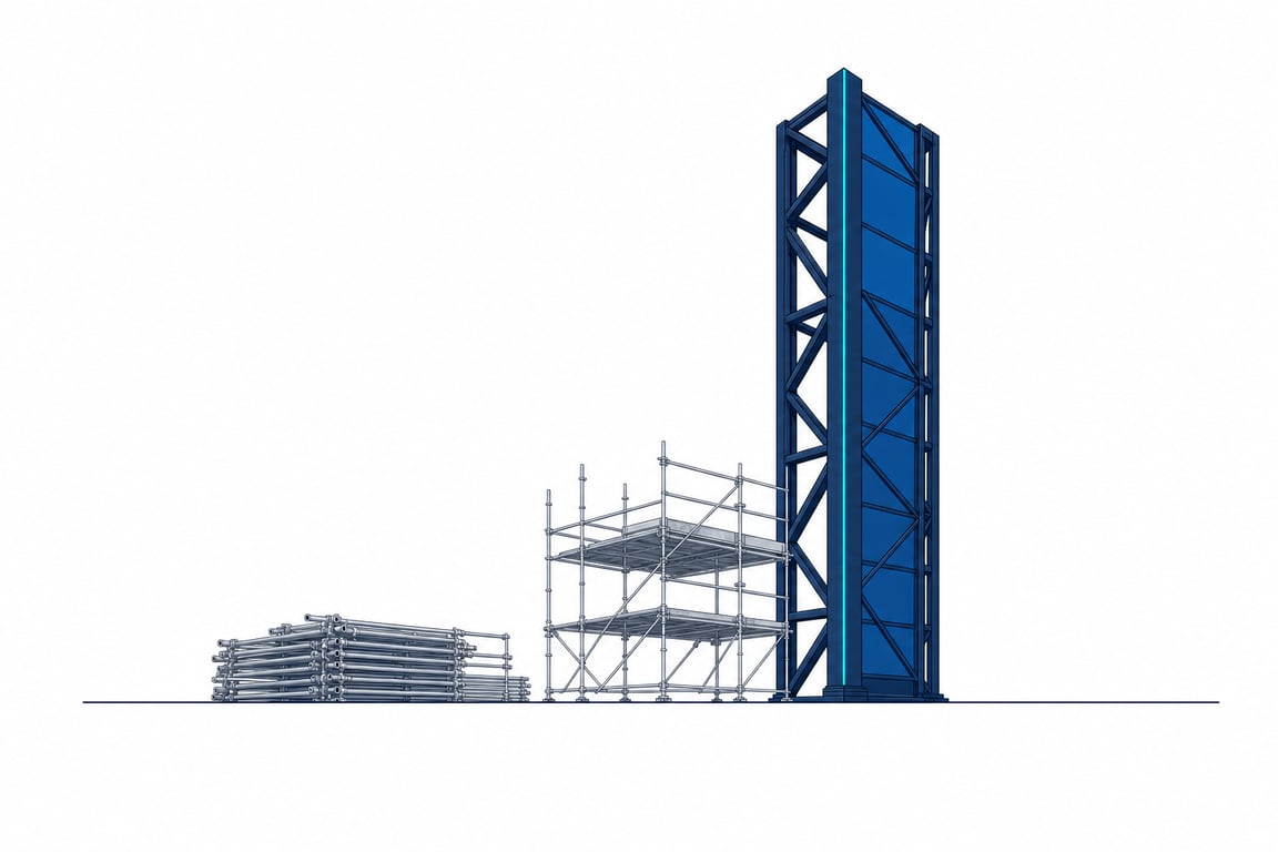 A completed navy structure stands entirely free with one cyan line lit up its spine, while the light silver scaffold that shaped it is being taken down — the upper tiers already gone, the removed sections stacked flat in a quiet pile on the ground.