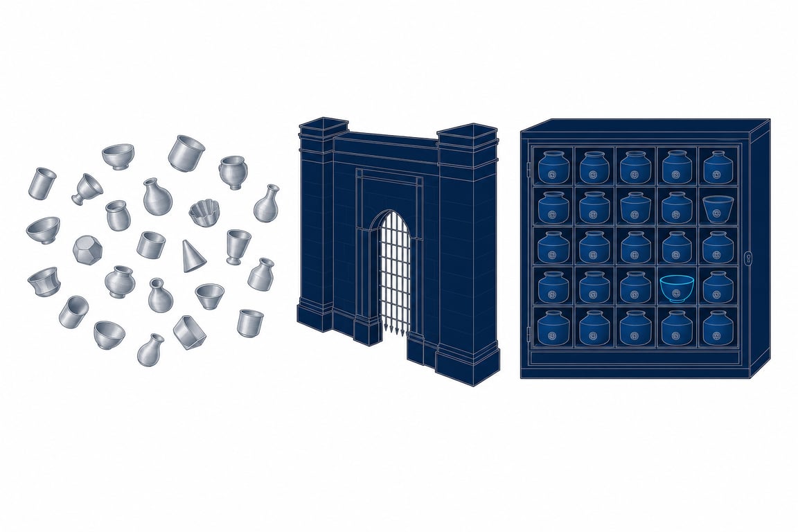 Shadow AI becoming sanctioned AI: at left a loose drift of unmarked silver vessels floating free and unattached; in the middle a thick navy gated wall with a single barred aperture; at right the same vessels redrawn as identical navy forms, each hallmarked and seated in a fitted slot inside a sealed cabinet, one of them edged in cyan.