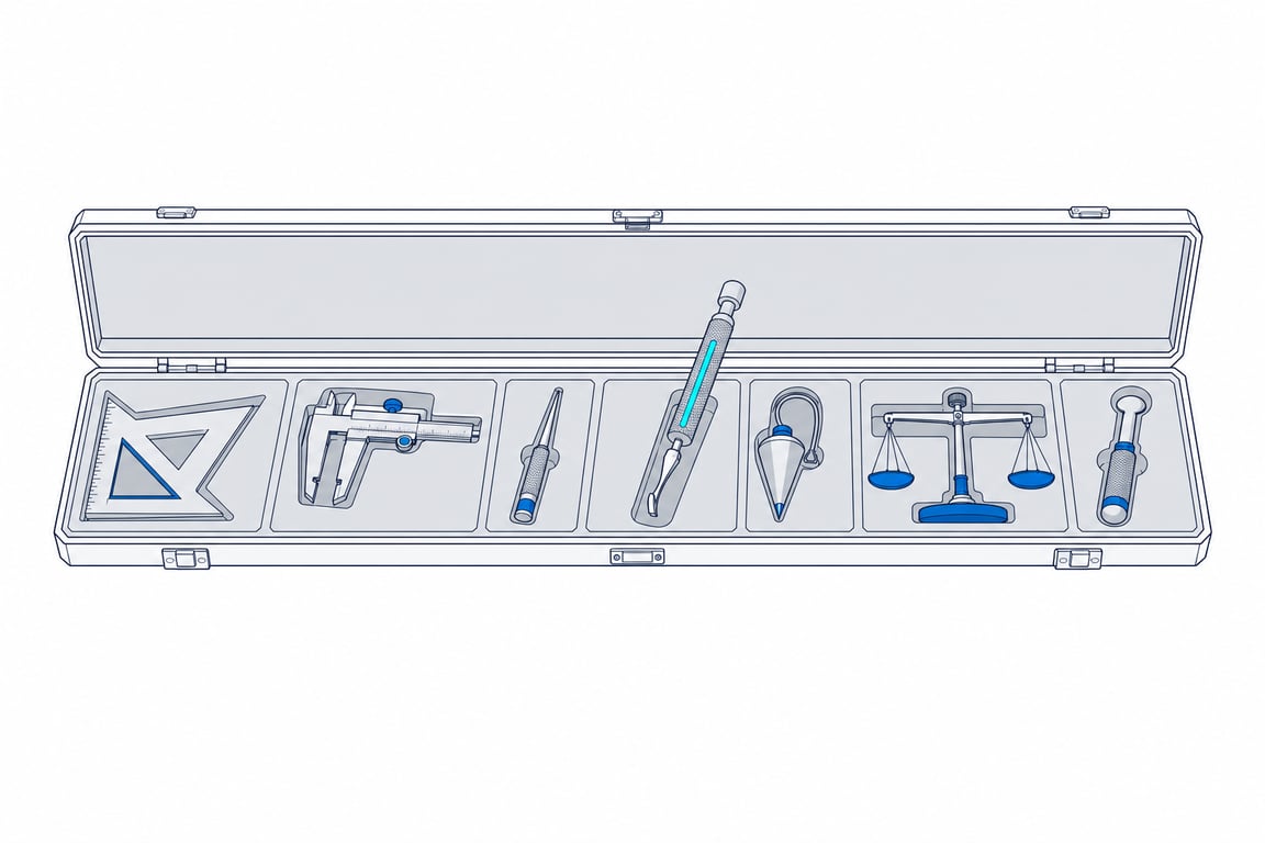 An open instrument case with a different precision hand tool seated in each fitted recess and one lifted out — role-based training that gives every job its own tool and the whole team one shared standard