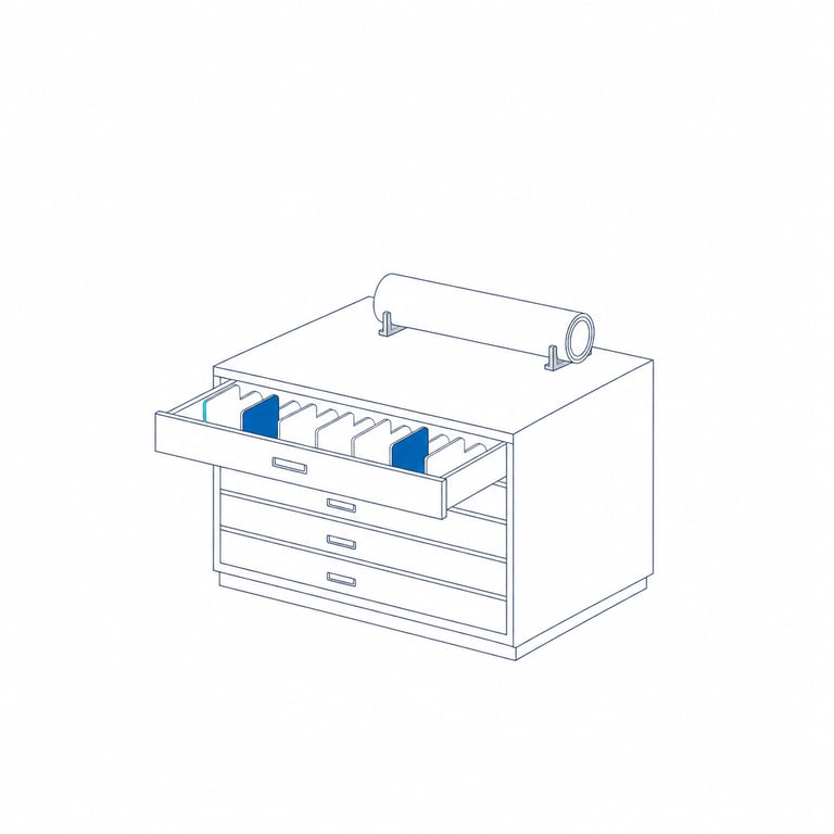A plan chest with its top drawer open on a fitted row of tabbed dividers, one rolled plan resting on the closed lid — a single board-ready plan and the set of executive deliverables filed behind it
