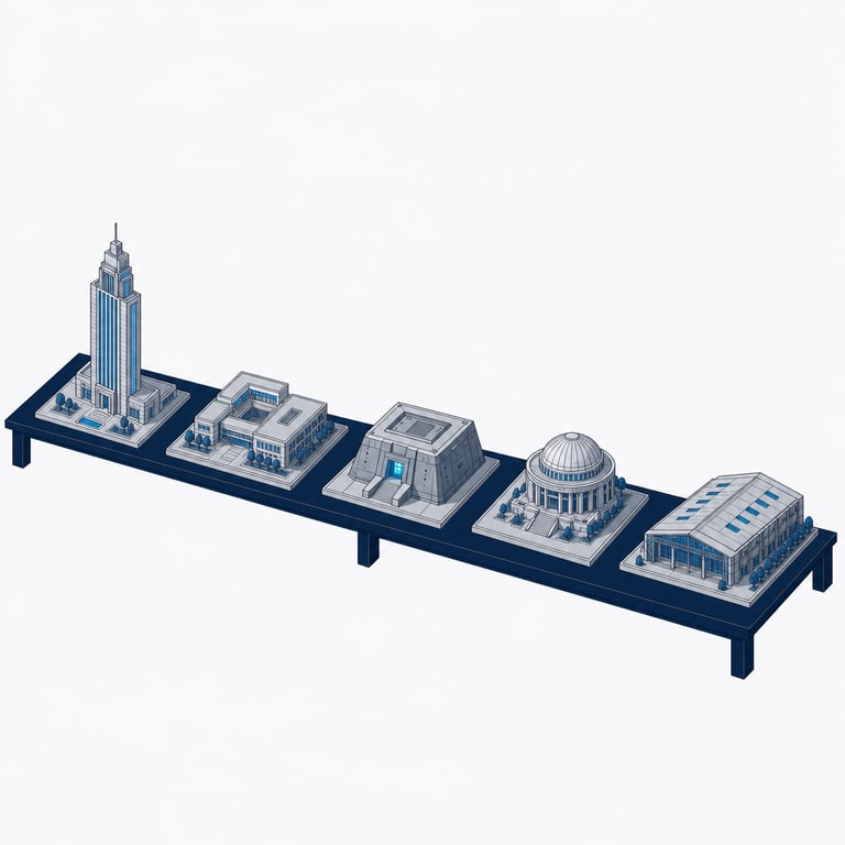 Five scale models of very different institutions — a tower, a campus, a bunkered vault, a domed hall and a research shed — set out along one common table, one of them lit from within