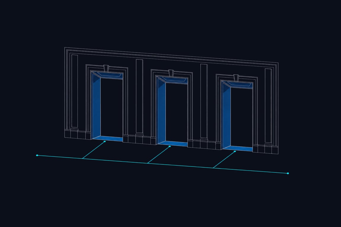 Three equally open thresholds in one monumental wall, a single lit path across the floor branching evenly to all three — three ways in, one destination