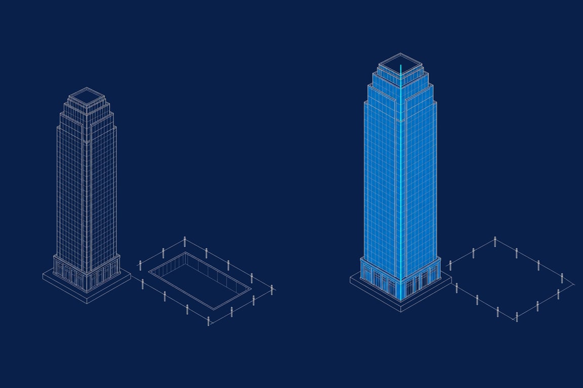 The same tower twice: on the left only its outline stands beside an empty staked foundation; on the right the building is realized in full, a line of light running its whole height