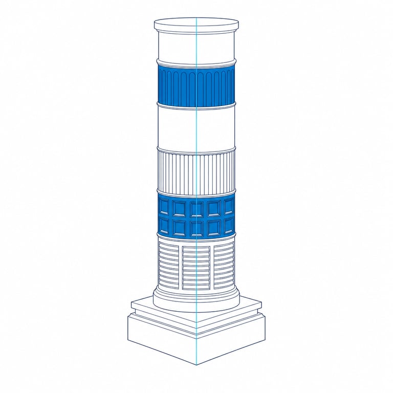 One machined column built from six different segments stacked flush, a single line of light running unbroken from plinth to capital across every seam — six pillars assembled into one platform with no gaps at the joints
