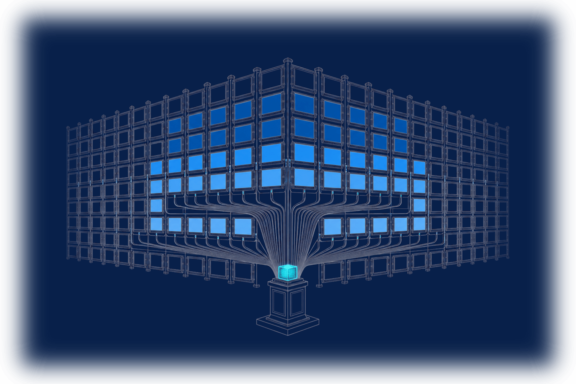 A foundry hall in which one small glowing master block on a plinth feeds a vast lattice wall of identical output plates, every plate seated in exact register — one governed source of truth radiating into thousands of on-brand outputs