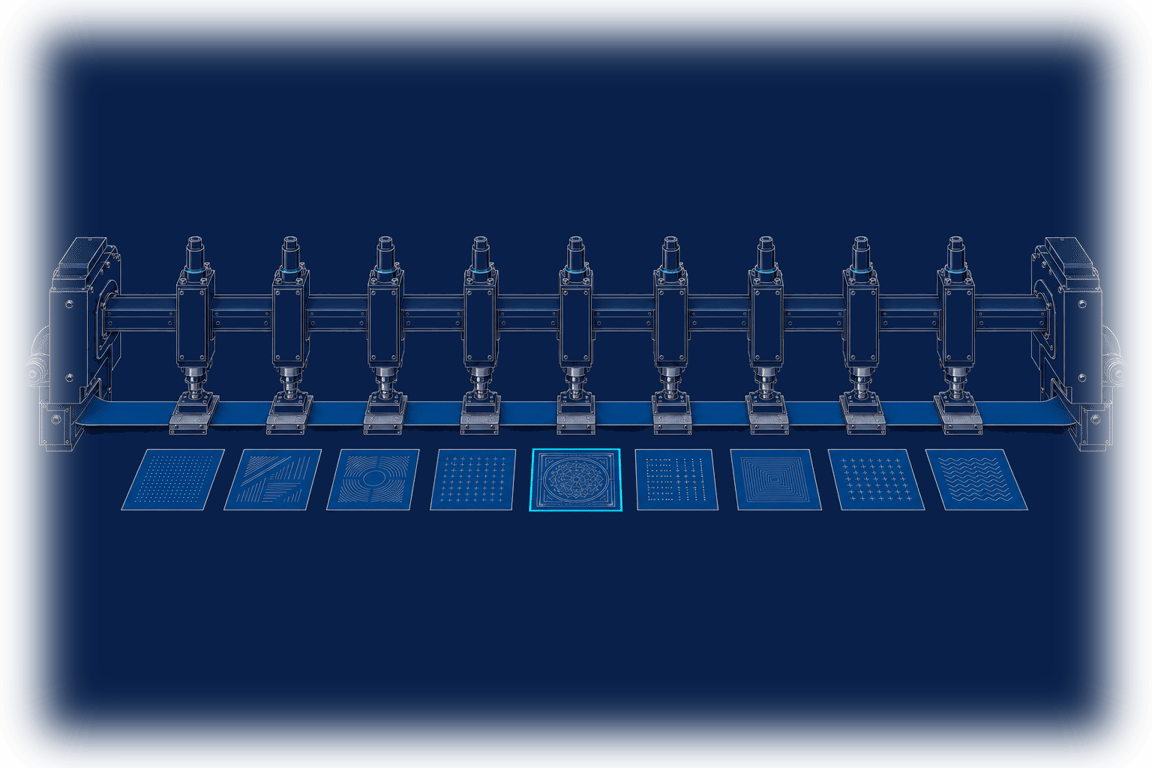 One continuous rail feeding nine identical stamping heads, each carrying a differently keyed plate, delivering nine sheets of the same crisp quality but each individually cut — one engine, one bespoke asset per row of data